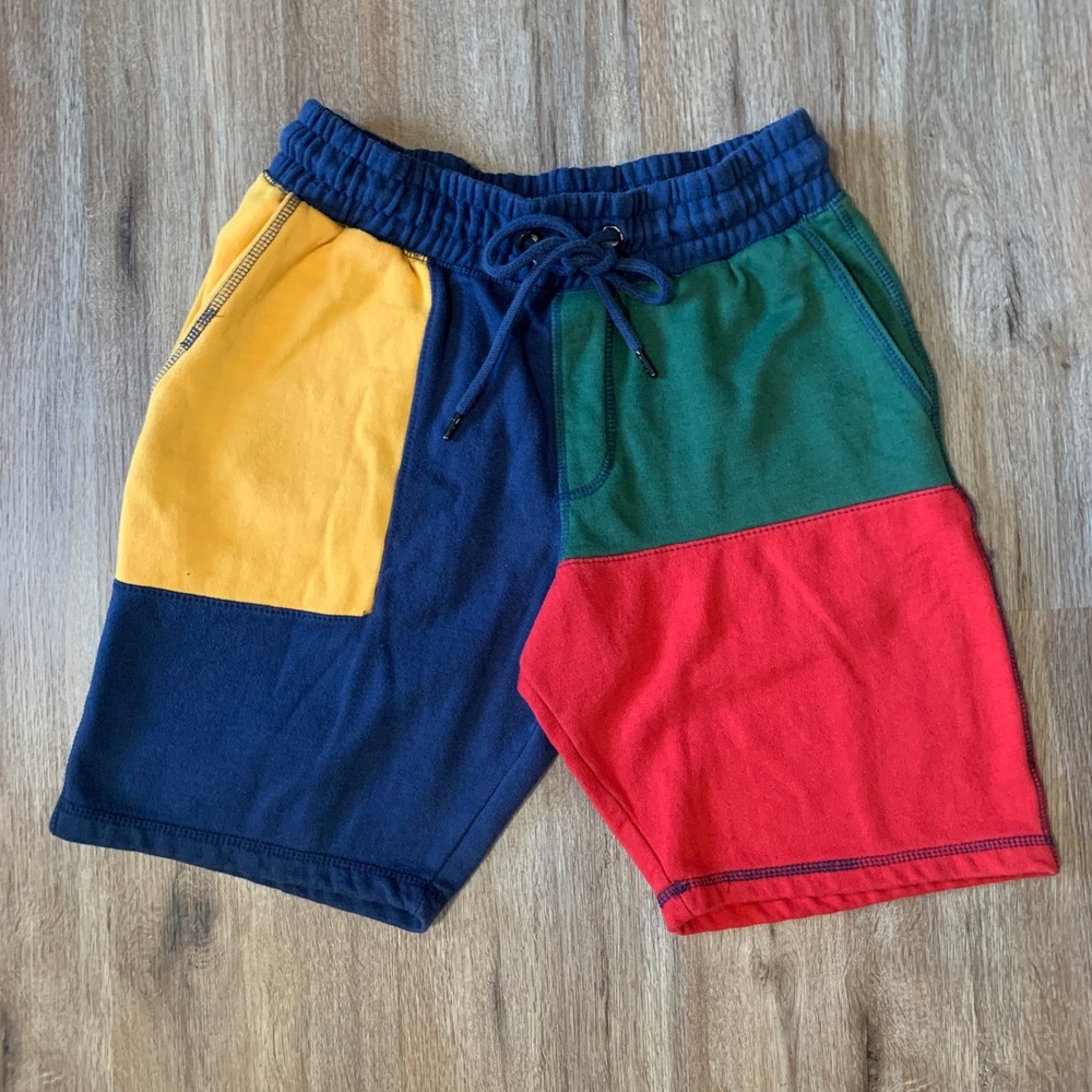 VSTR color block patchwork lounge shorts in red navy yellow green - size small